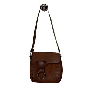 Vintage Leather Floral Tooled Shoulder Bag Saddle Bag 9x9.5 in